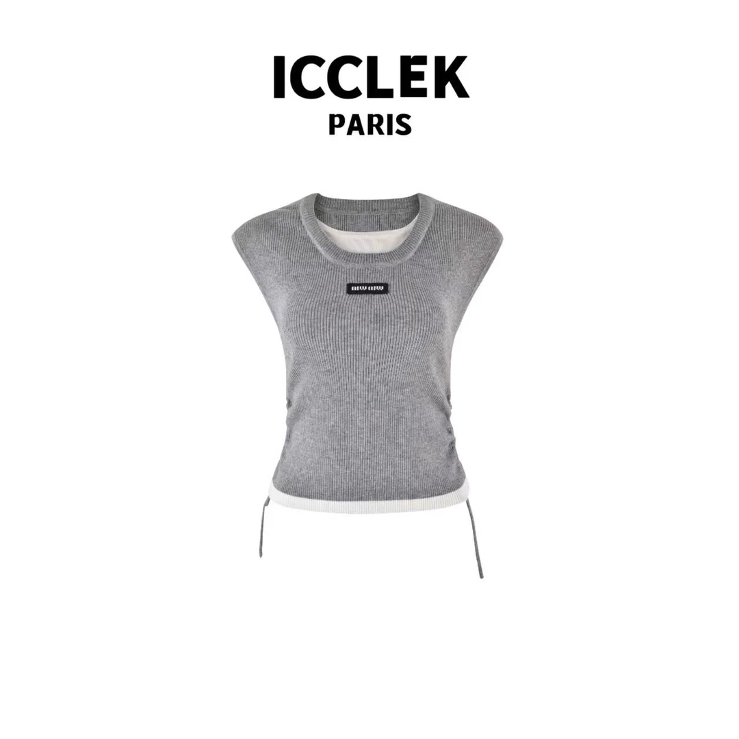 ICCLEK 灰色假两件无袖针织抽绳飞袖夏季休闲百搭显瘦 上衣 -2534