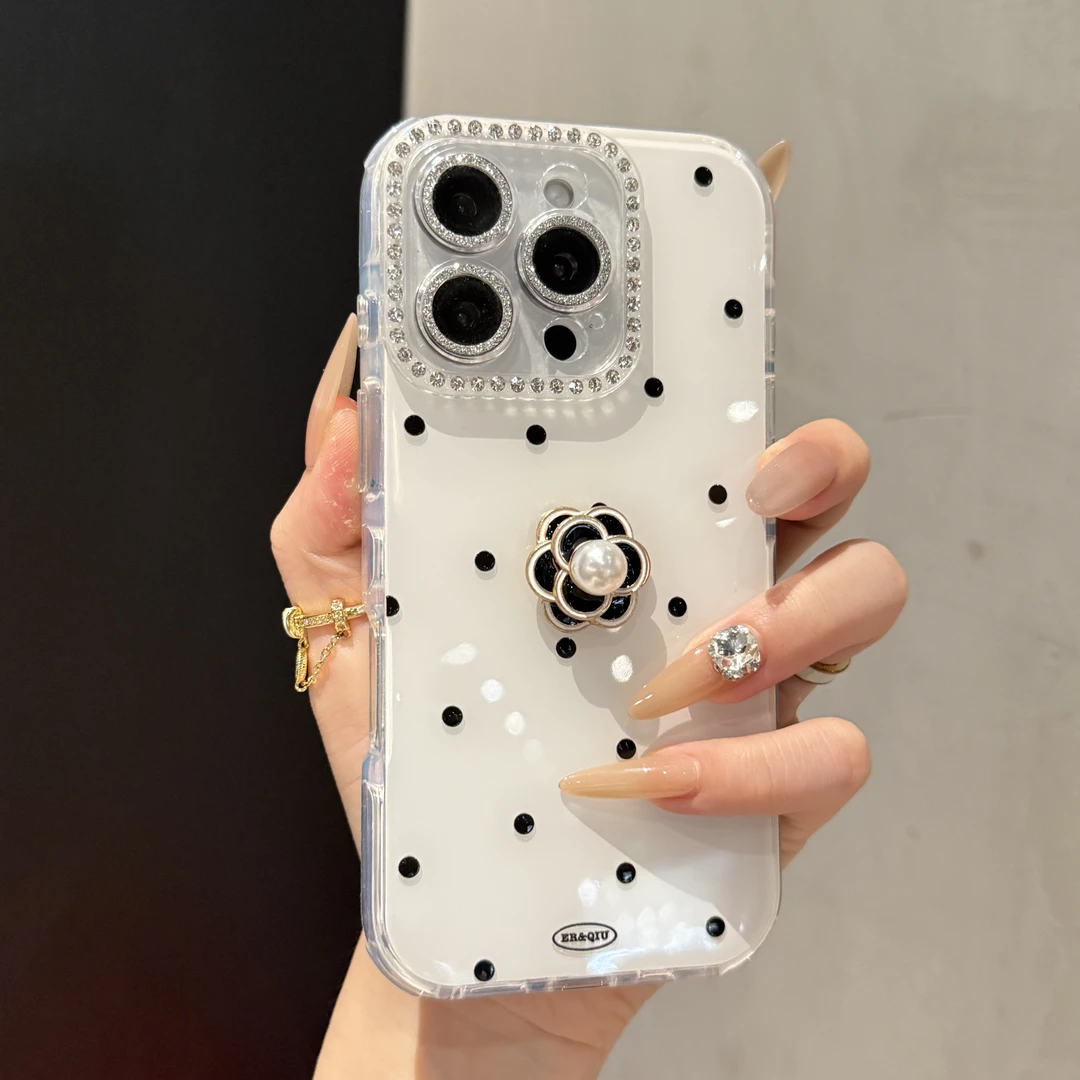 网红高颜值波点山茶花适用苹果16promax手机壳iPhone15创意14/13