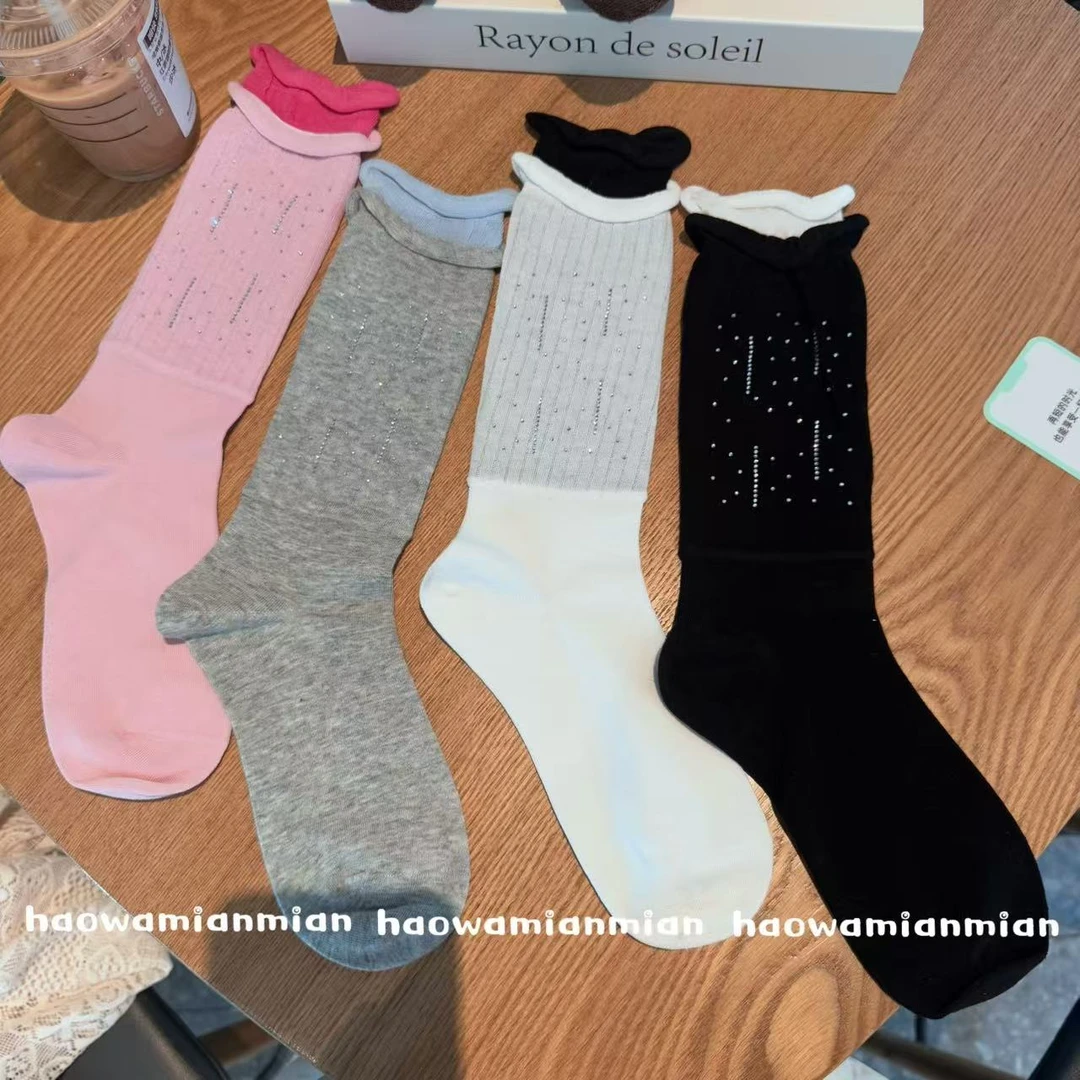 韩版春夏薄款多巴胺双螺口字母烫钻满天星卷边清新时尚百搭中筒袜