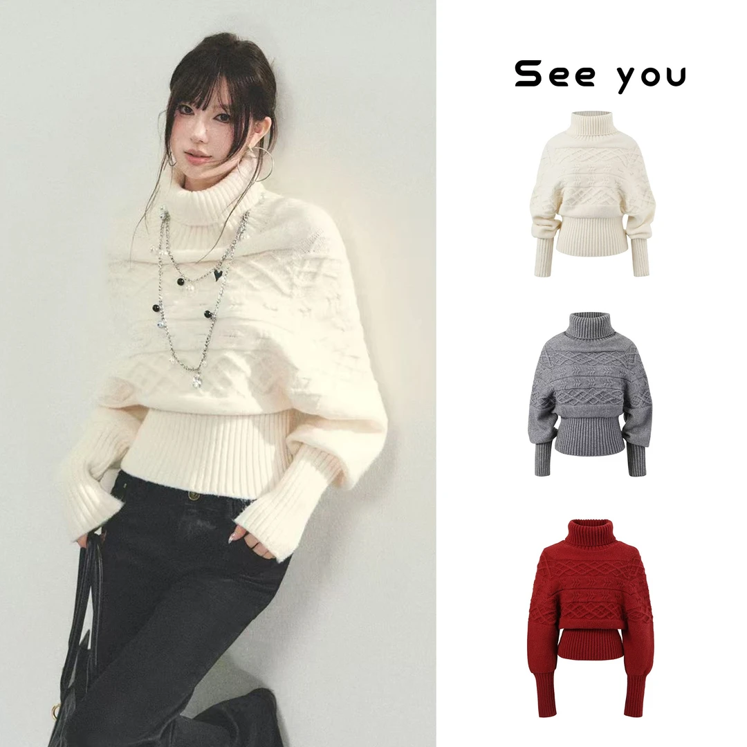 新款慵懒韩味时尚感蝙蝠袖收腰高领毛衣M1859