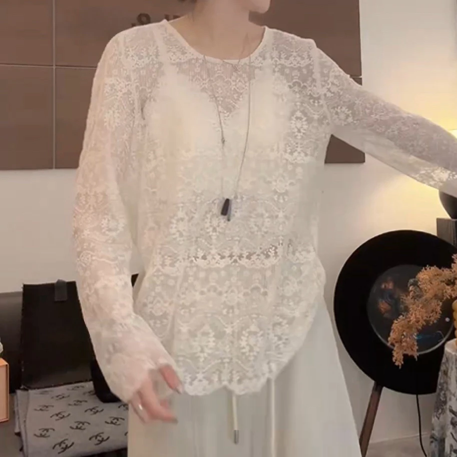 欧若新中式百搭圆领蕾丝长袖T恤女秋冬新款内搭洋气米白色打底衫