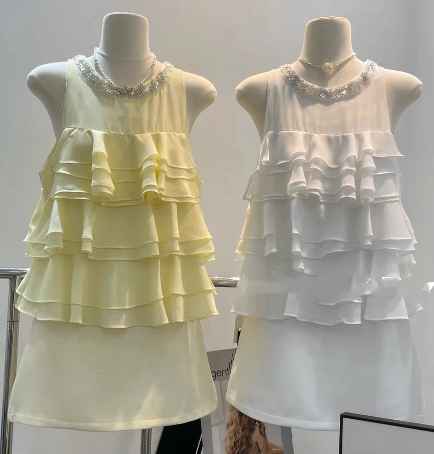 网红同款2025夏季新款甜美气质钉珠领边多层荷叶边雪纺吊带背心女