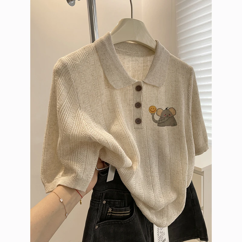 燕麦色小象针织短袖t恤女2025夏季新气质显瘦正肩休闲polo衫上衣