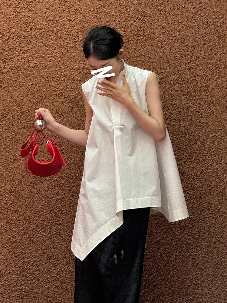法式白色立领无袖衬衫独特漂亮气质女神范宽松衬衣夏季不规则背心