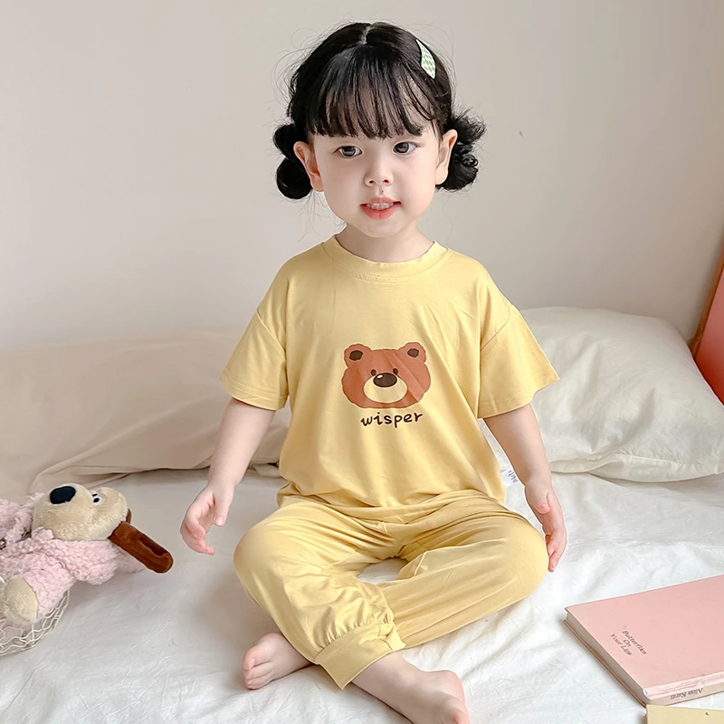 儿童睡衣夏季薄款莫代尔女童男童家居服套装短袖长裤宝宝空调服潮