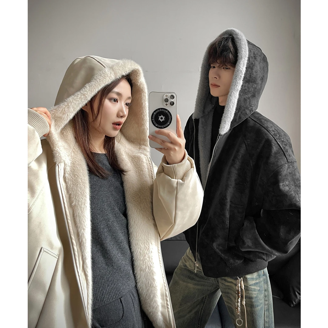 PU皮座山雕外套棉服男女款深秋初冬穿搭加绒加厚美式三防连帽棉衣