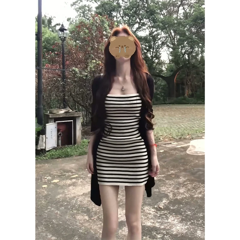 A3000#早秋新款法式气质百搭宽松长袖开衫收腰显瘦条纹吊带连衣裙