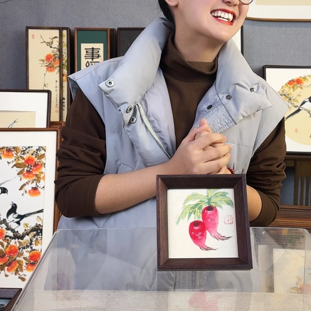 国画纯手绘，纯手写带框尺寸：12×12厘米