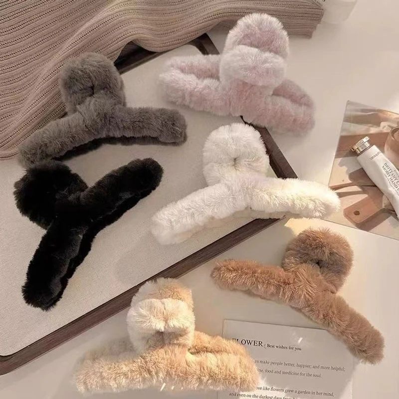 韩国色系11cm发饰交叉盘发发抓鲨鱼夹大号仿兔毛绒后脑勺发夹抓夹