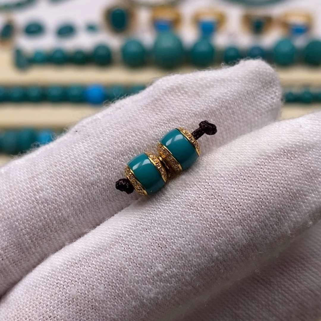 绿松石18K金镶嵌珠宝奇石汉堡对珠6mm