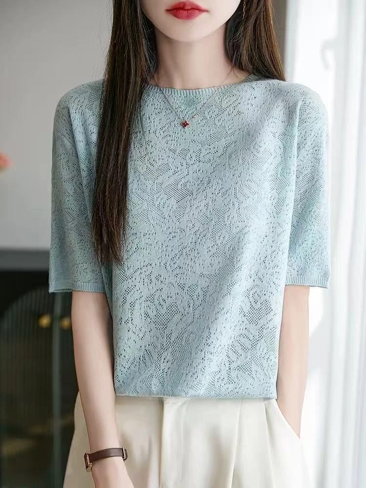 2025新款夏季亮丝提花低调高级感简约宽松圆领女装上衣T恤轻薄