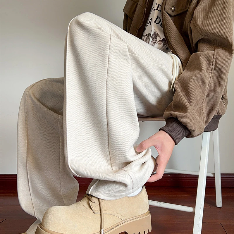 重磅人字纹休闲裤子男款秋季港风复古潮流百搭宽松垂感直筒阔腿裤