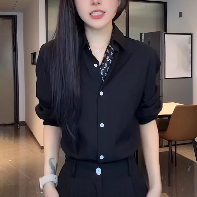 轻奢黑色长袖衬衫女2025夏季高级感气质减龄宽松休闲显瘦v领上衣