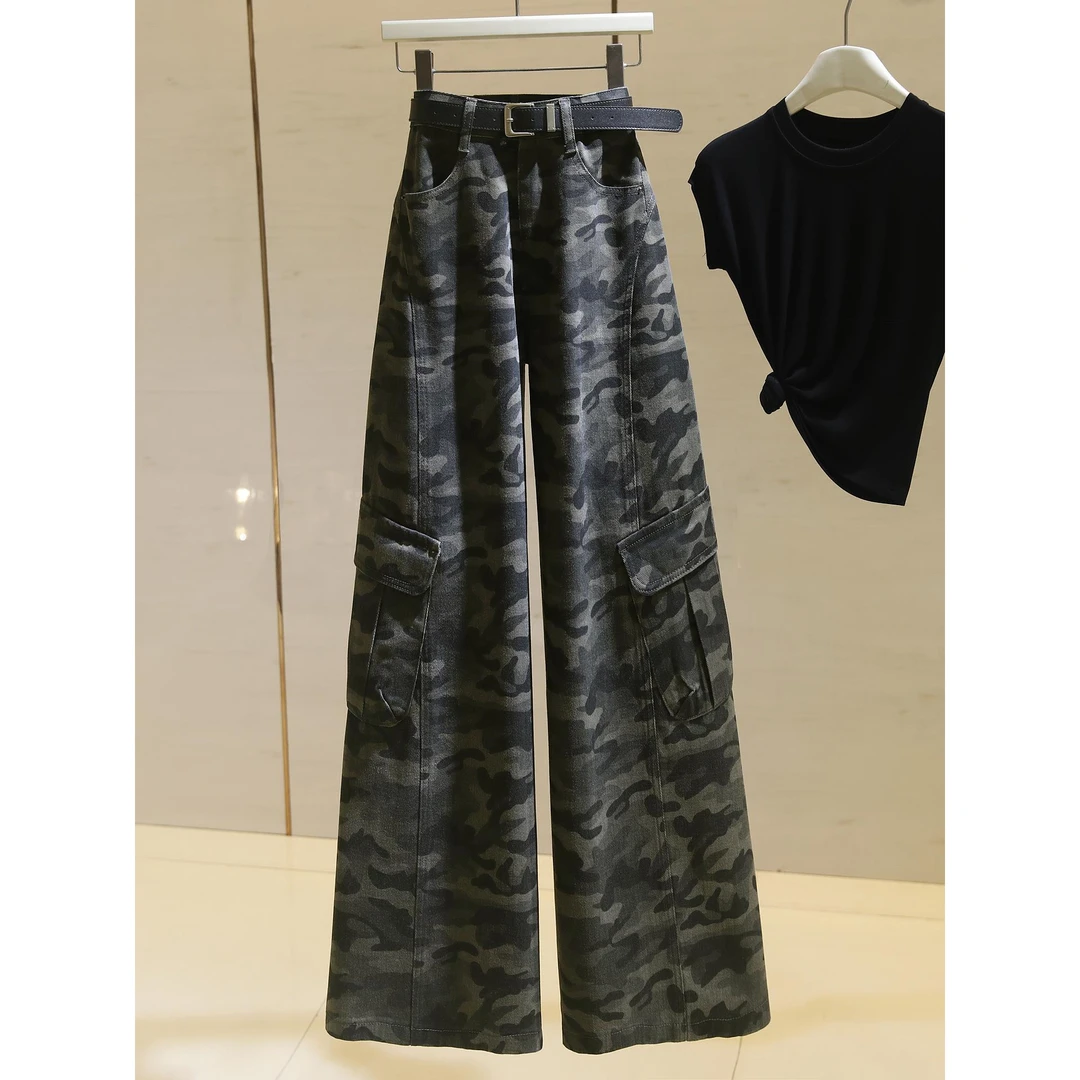 culv迷彩工装阔腿牛仔裤女2025秋季新款复古宽松直筒显瘦拖地裤子