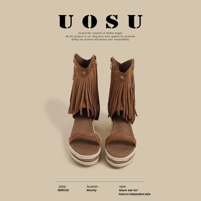 2025夏季新款厚底凉鞋女棕色骑士靴流苏小众罗马外穿露趾堆堆凉靴