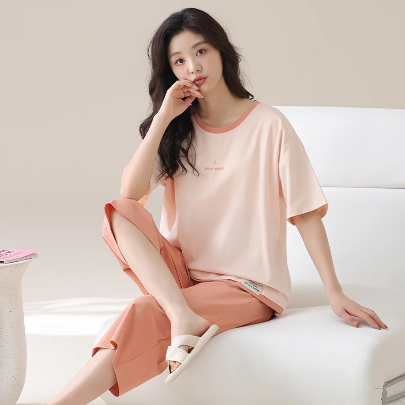 【带胸垫】睡衣夏季女短袖七分裤纯色可外穿（梦）
