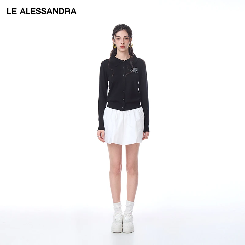 品牌直营 LE ALESSANDRA黑色立体刺绣LOGO翻领羊毛针织短外套开衫