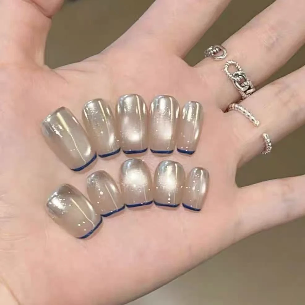 纯手工法式简约超短梯镜面渐变猫眼穿戴甲时尚显白气质美甲