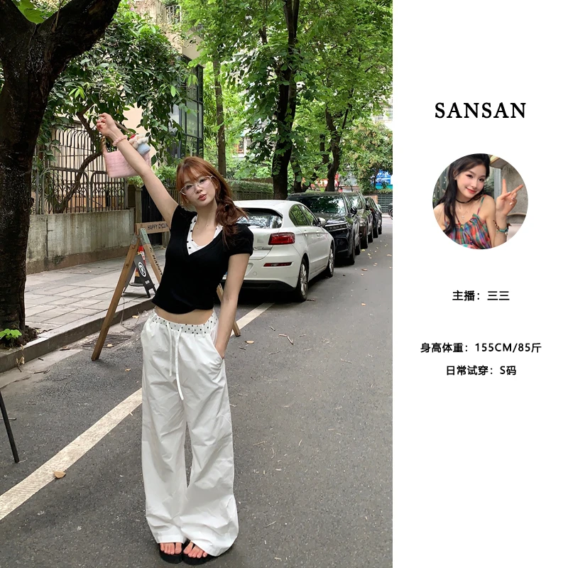 【三三】si服 敲推荐 腰头双穿设计微弯刀拼接波点纯棉纸感休闲裤