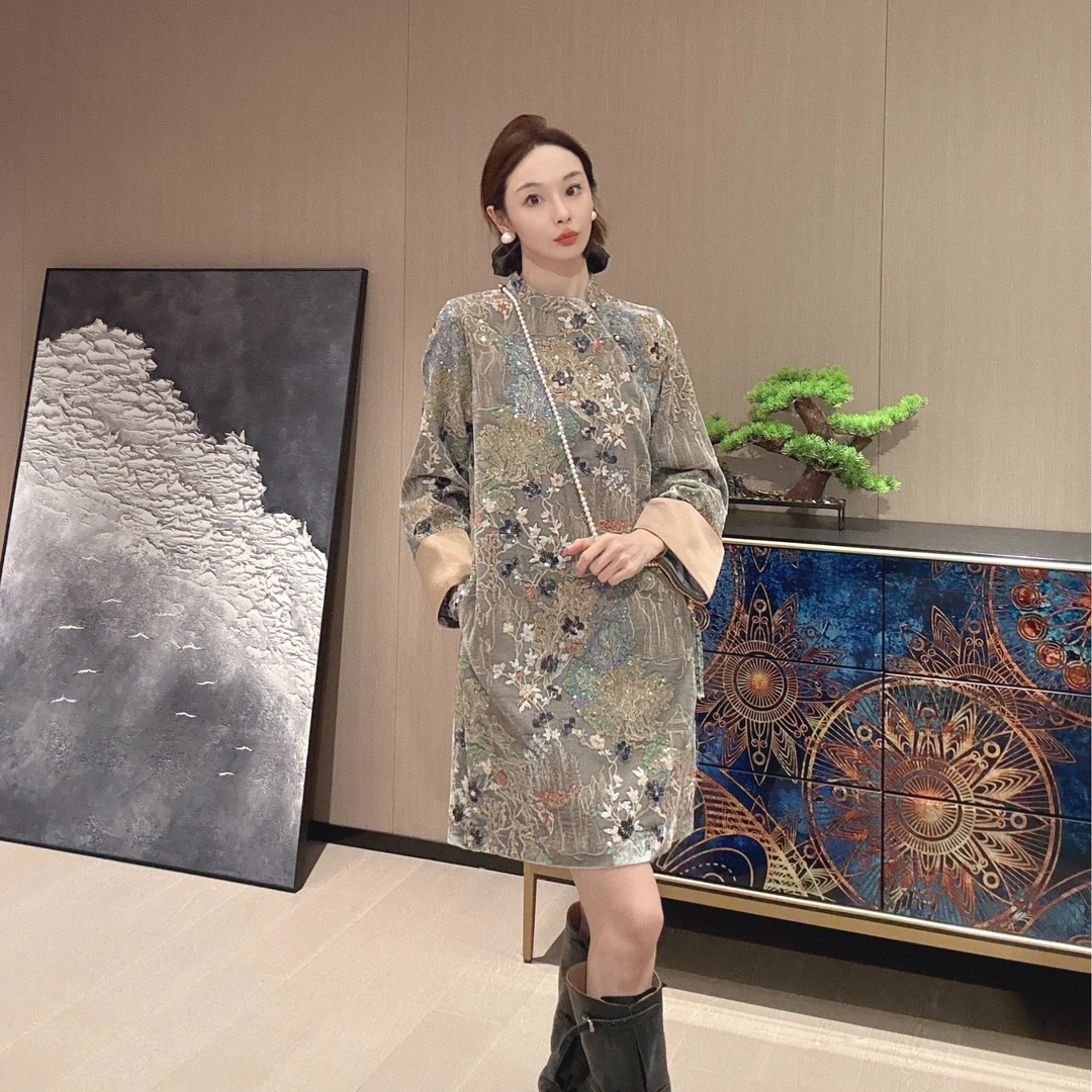 KK颜小新【晚江亭】新中式国风流行色修身日常舒适秋冬连衣裙