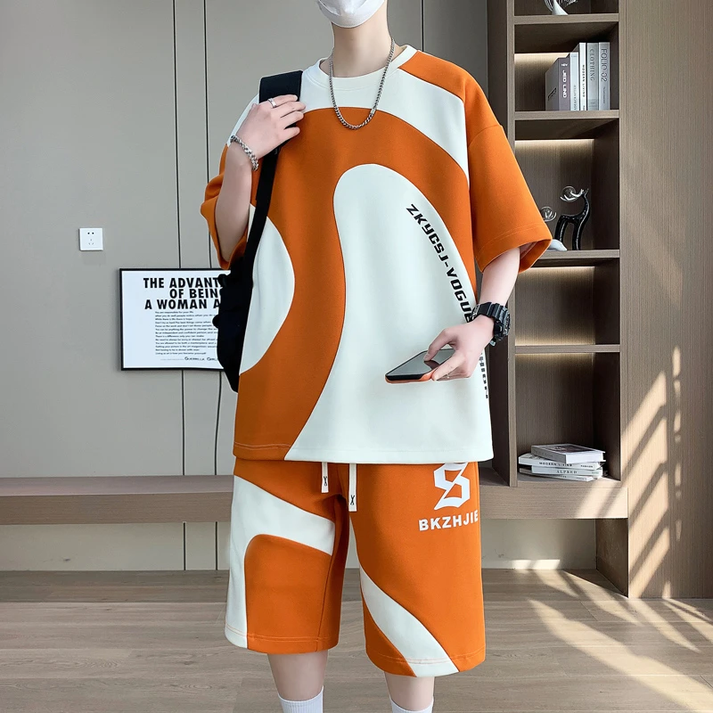 青少年短袖套装男生潮牌夏季休闲t恤宽松圆领半袖运动两件套衣服