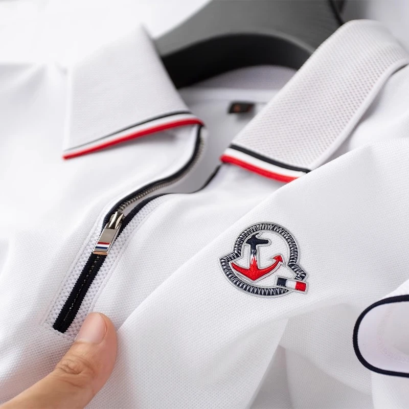 珠地棉薄款半拉链polo衫翻领短袖T恤夏季新款潮牌商务透气t恤