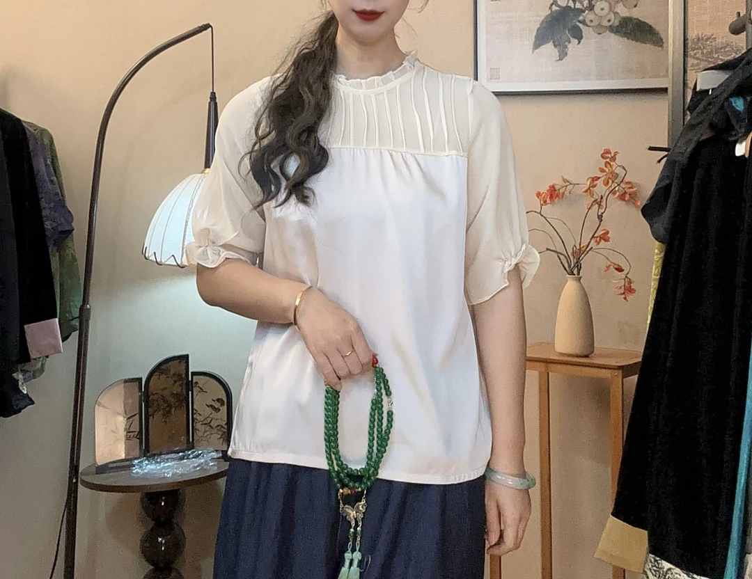 【凝雪】防紫外线印染夏季圆领衬衫袖衬衫拼接休闲女装上衣1904