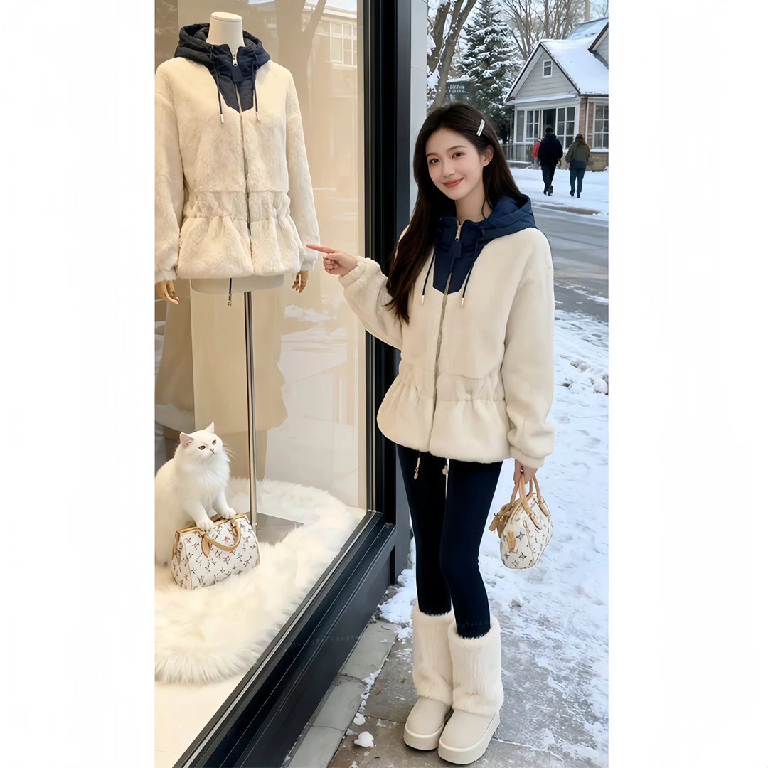 韩版设计感收腰连帽棉服外套女2026秋冬新款加厚保暖时尚棉衣