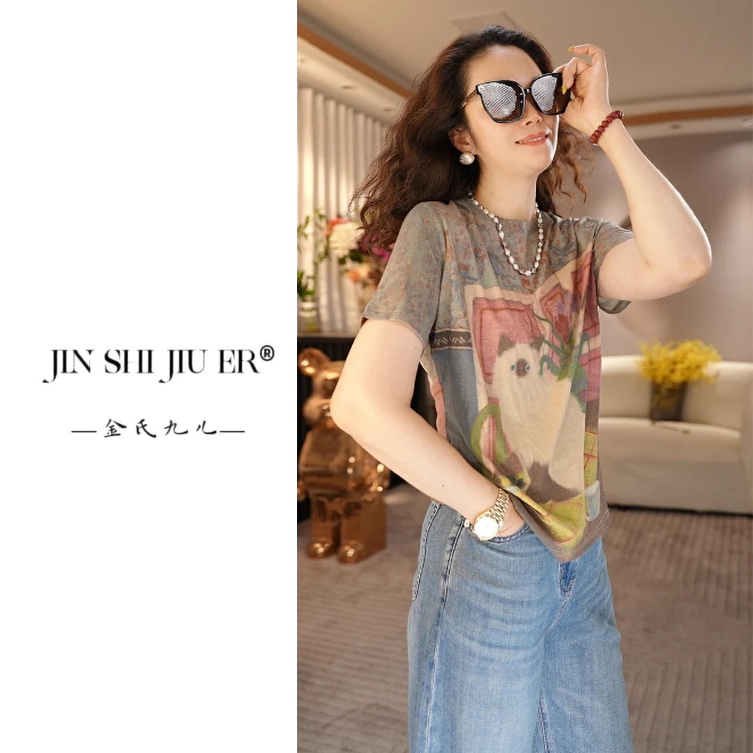 JIUER天 丝【壁画上的猫】艺术印花短袖T恤 时尚夏季国风圆领0781