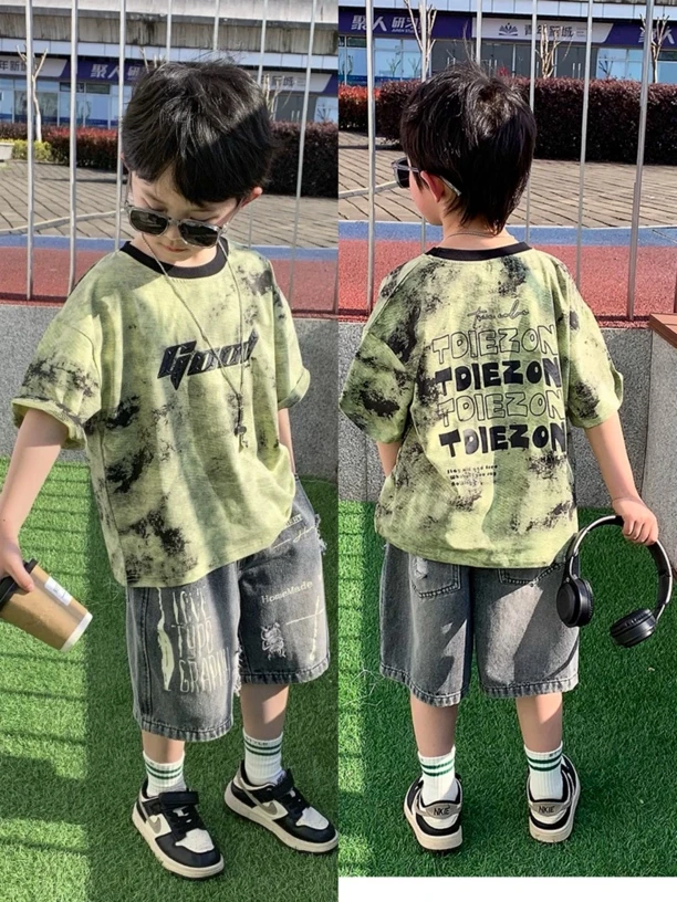 男童夏季儿童纯棉短袖2025新款中大童宝宝夏装扎染印花潮韩版t恤