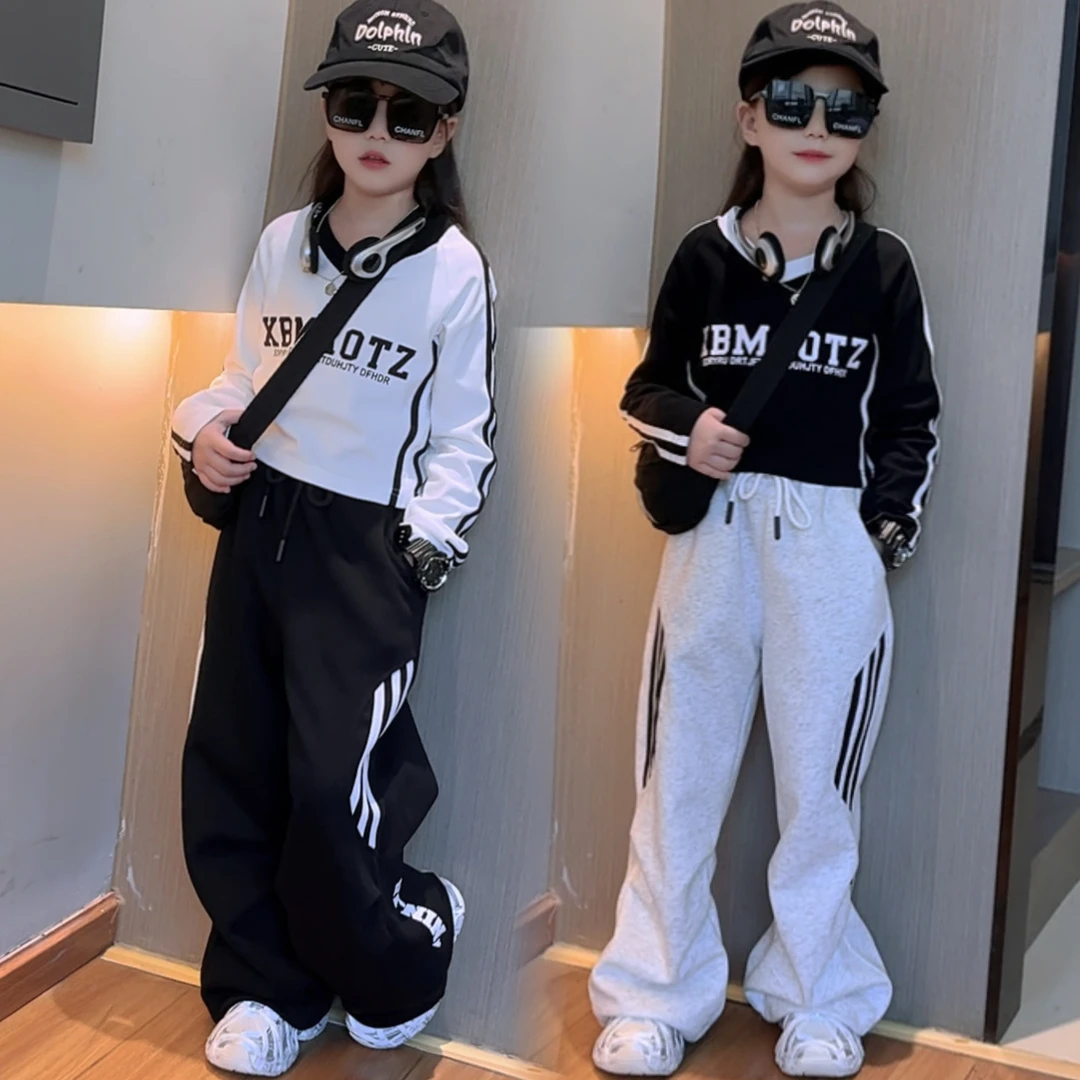 女童秋装套装中大童洋气女孩春秋款运动字母T恤打底衫卫裤两件套