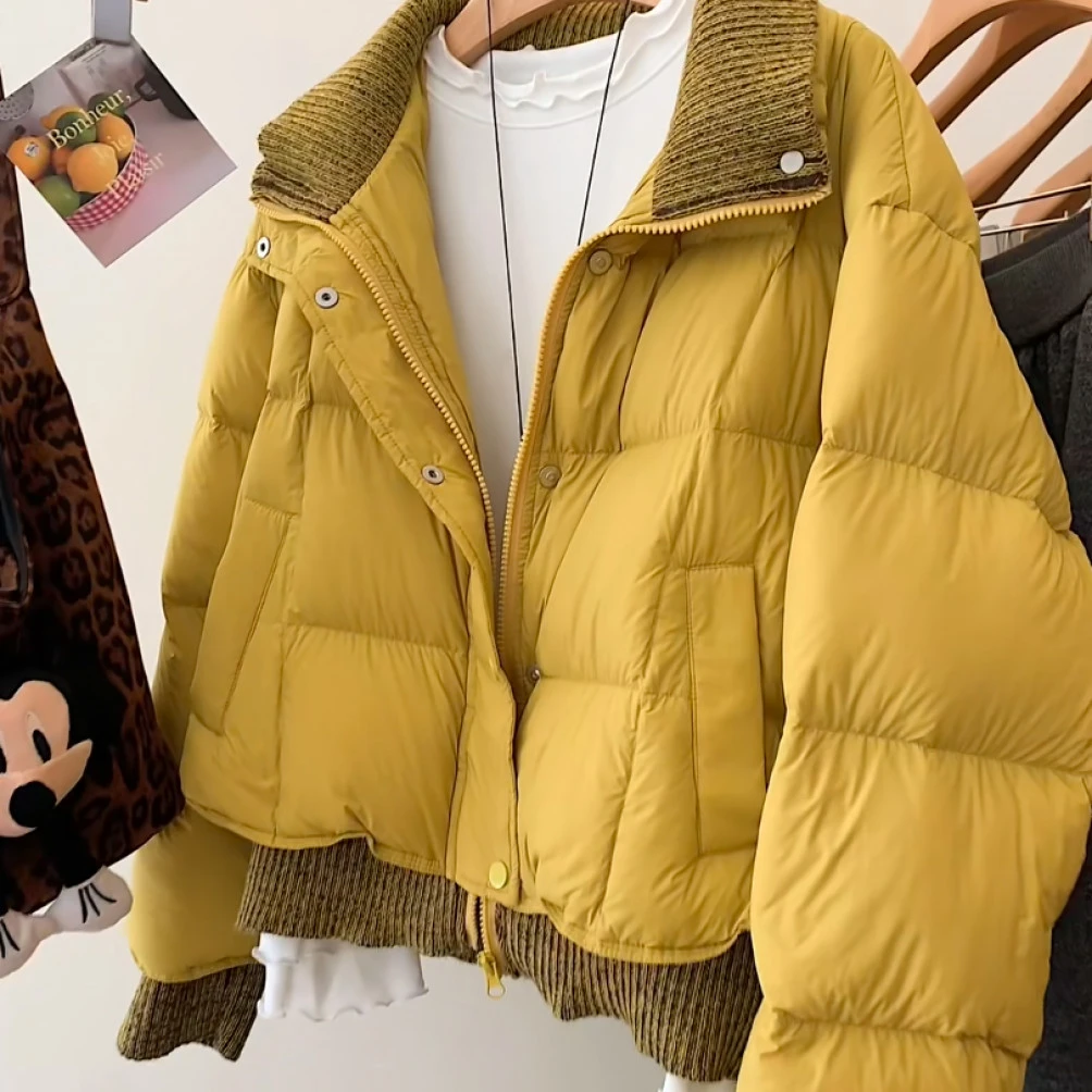针织拼接保暖宽松黄色棉服外套女2025冬季新款大码时尚韩版棉衣