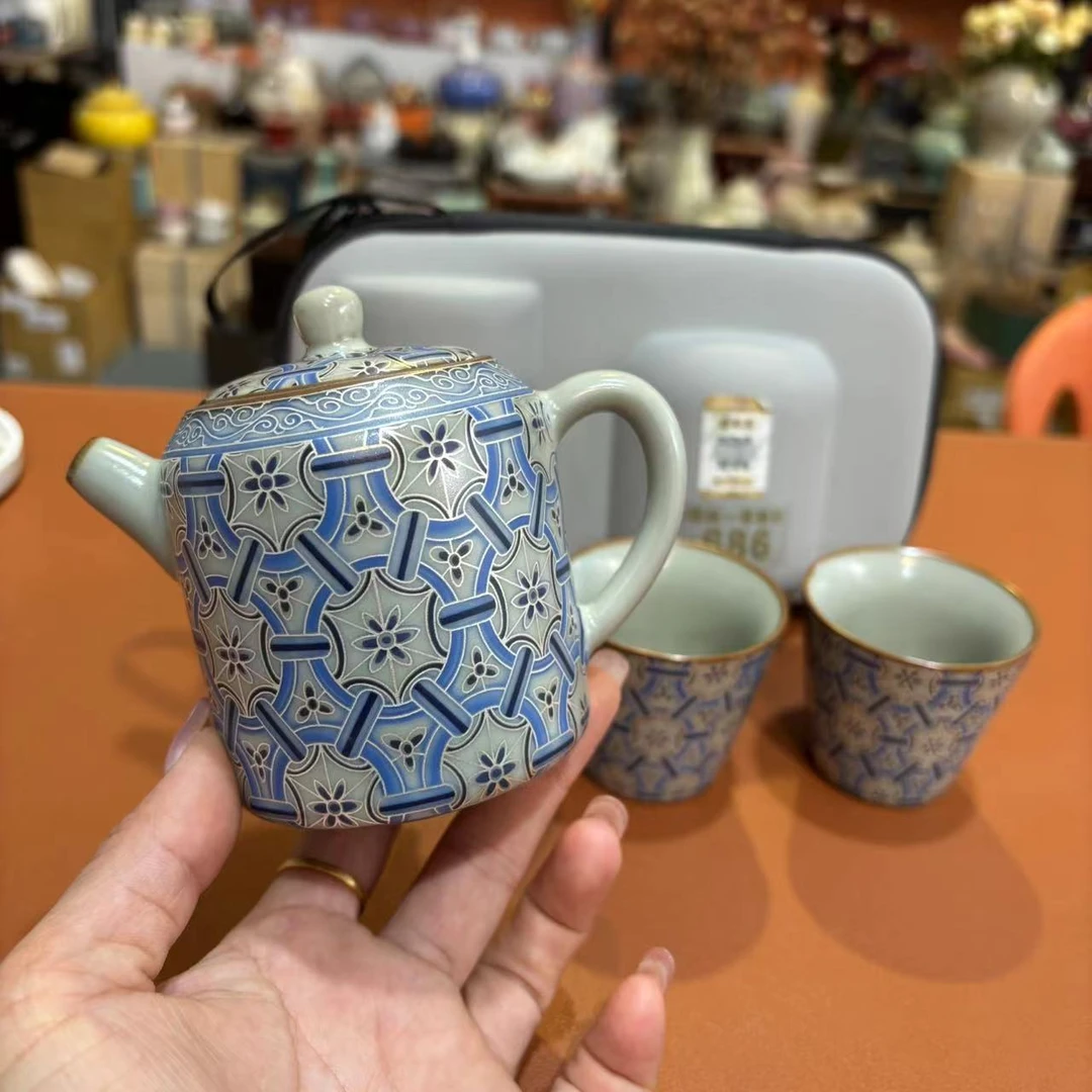 茗香瓷器 锁子甲-复古掐丝银-直身壶+2杯+快克包-2256