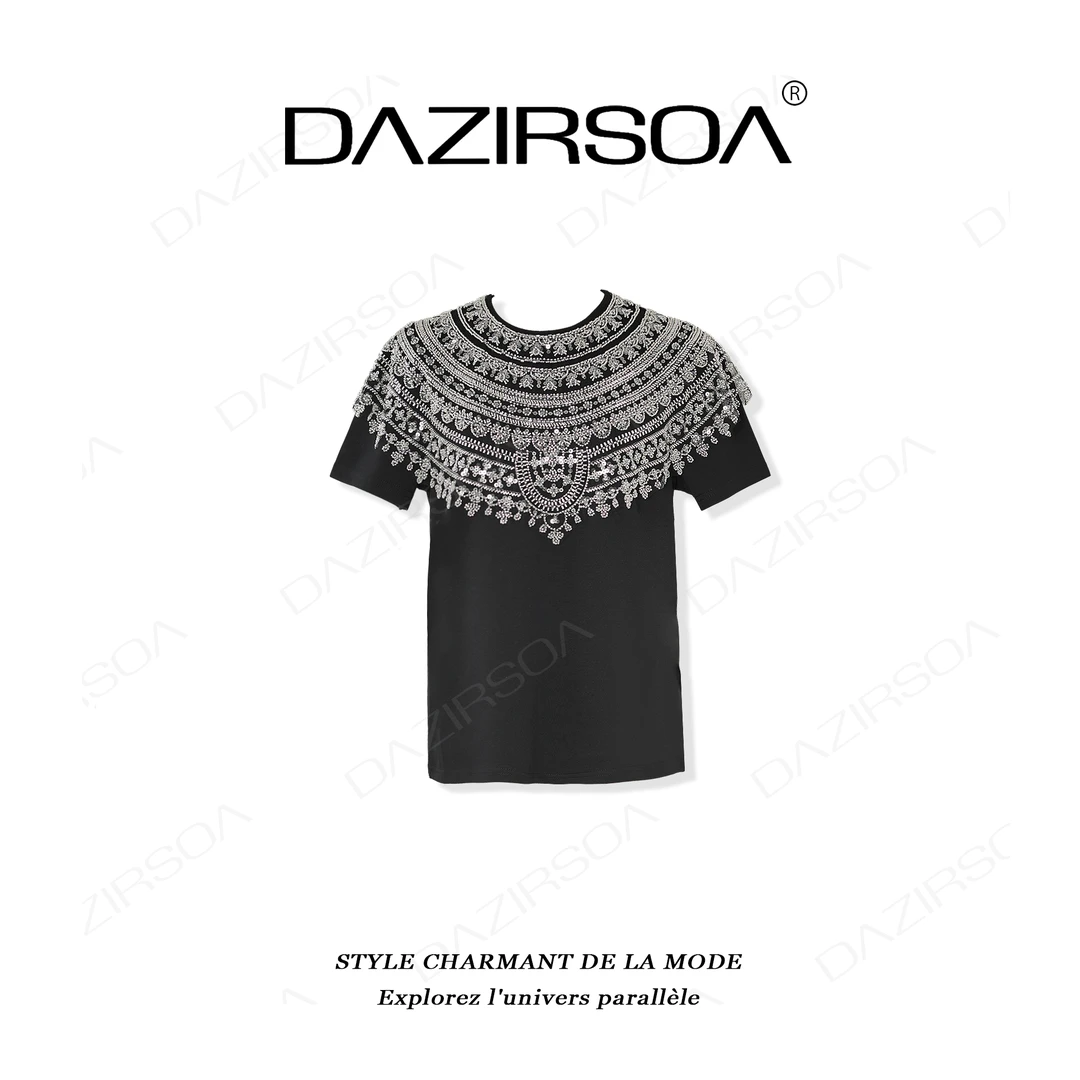 DAZIRSOA/达姿“时髦聚焦”时尚百搭拼接法绣烫钻个性上衣短袖 X339