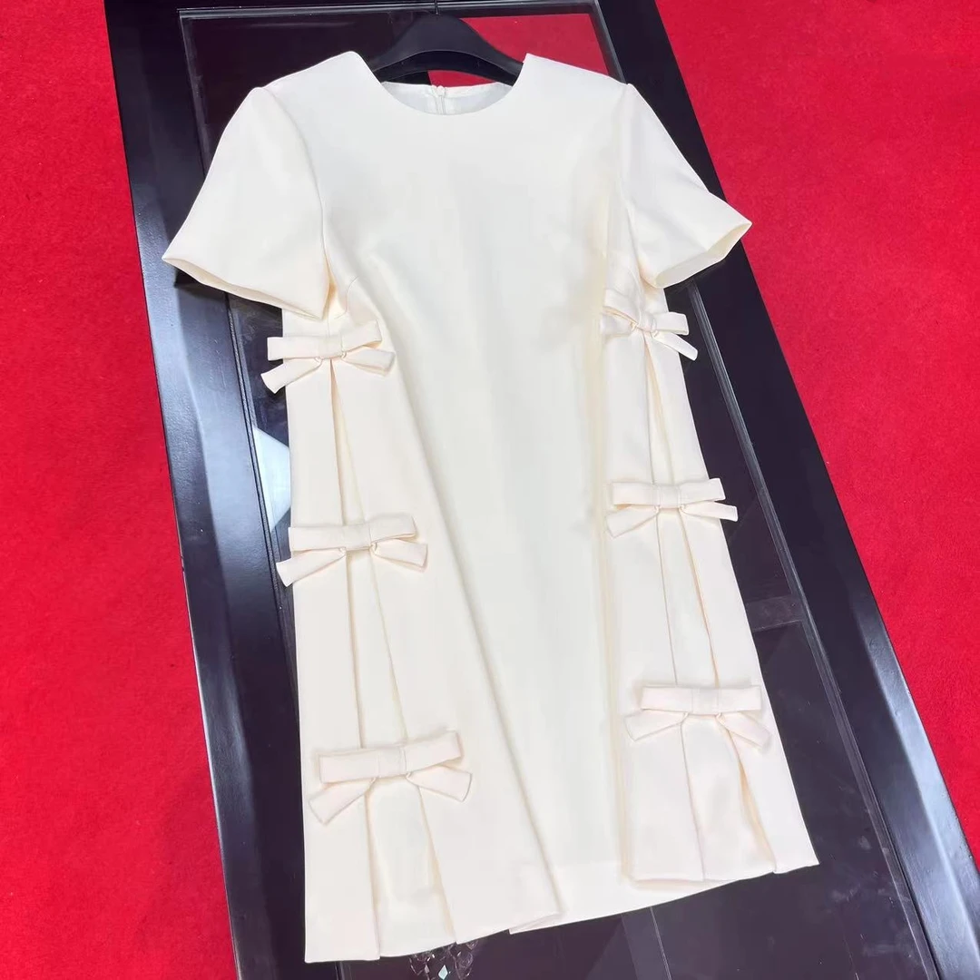 W1840--复合短袖连衣裙双层圆领蝴蝶结气质法式设计款圆领夏季女