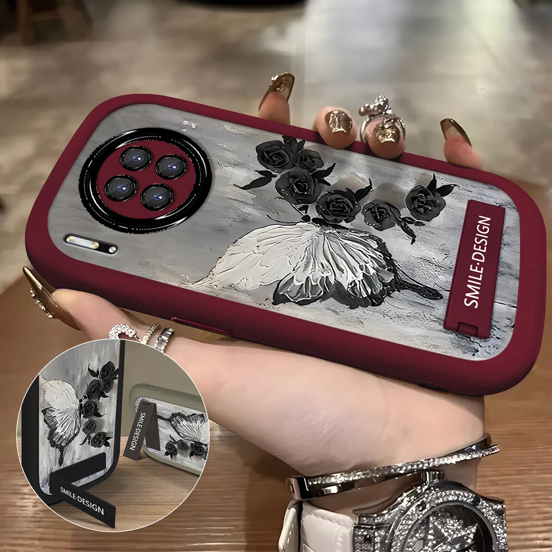 适用于【华为】Mate30/E新款创意油画蝴蝶玫瑰防摔硅胶手机壳
