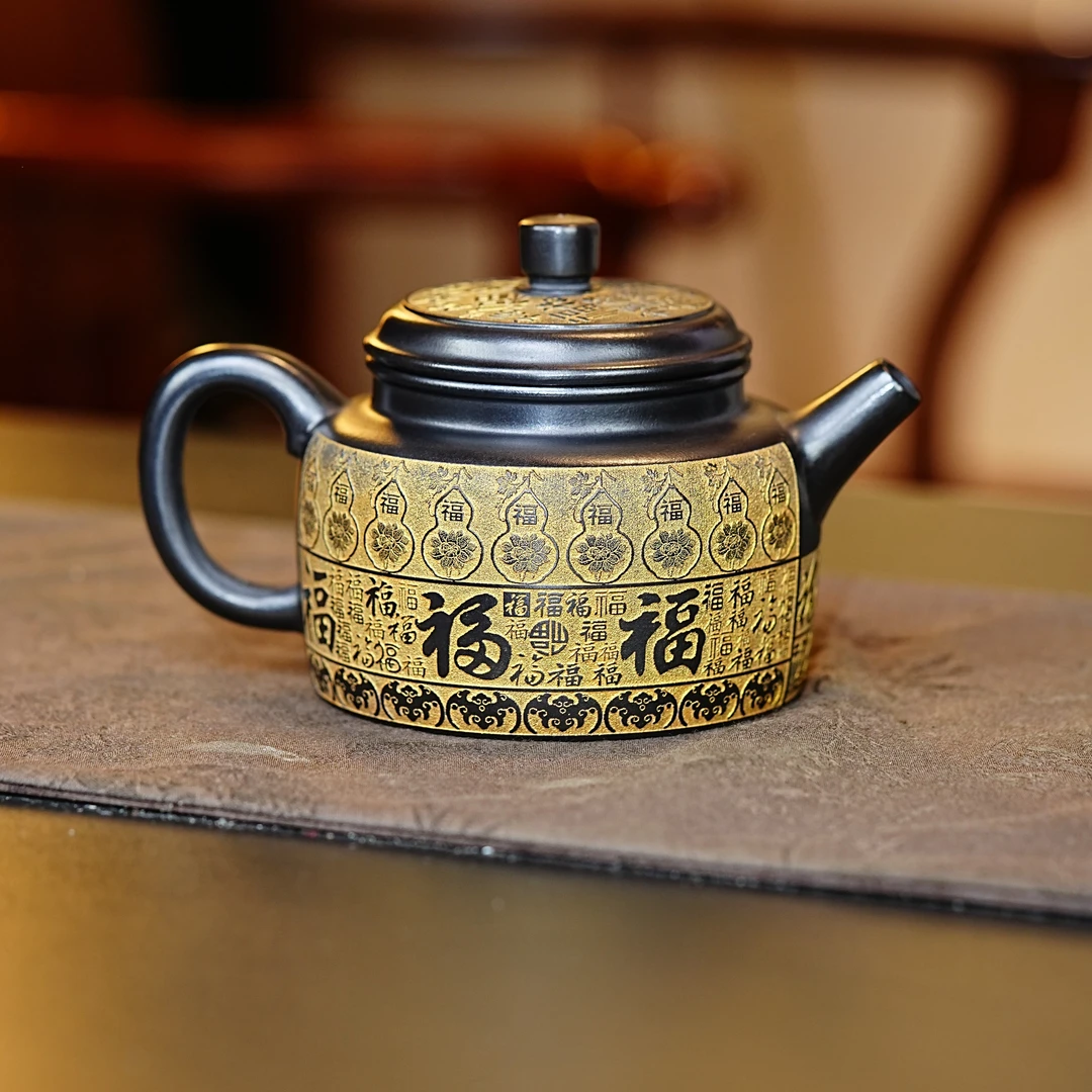 宜兴原矿石黄茶具全手工刻绘百福图德钟高端德钟紫砂茶壶