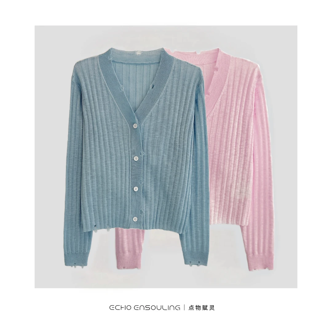 ECHO ENSOULING/点物赋灵E26001破洞竖条竹节麻休闲百搭开衫