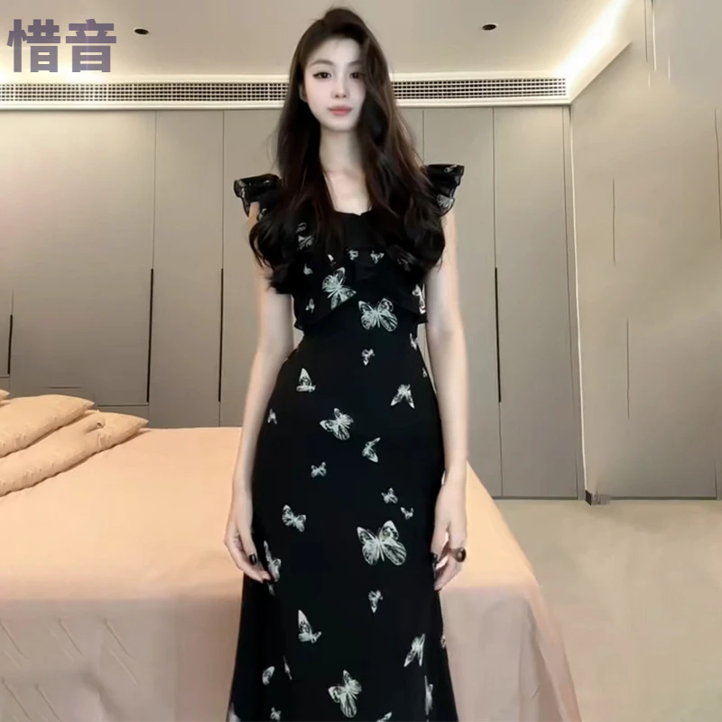 优质质量印花小飞袖蝴蝶吊带连衣裙女夏季法式气质绝美收腰长裙