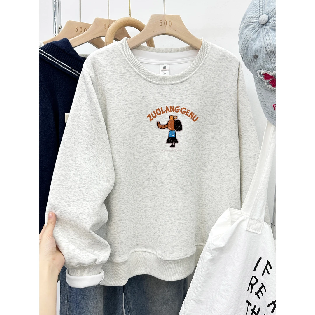 白灰色加绒加厚正肩卫衣女秋冬季宽松大码胖mm卡通印花长袖上衣服