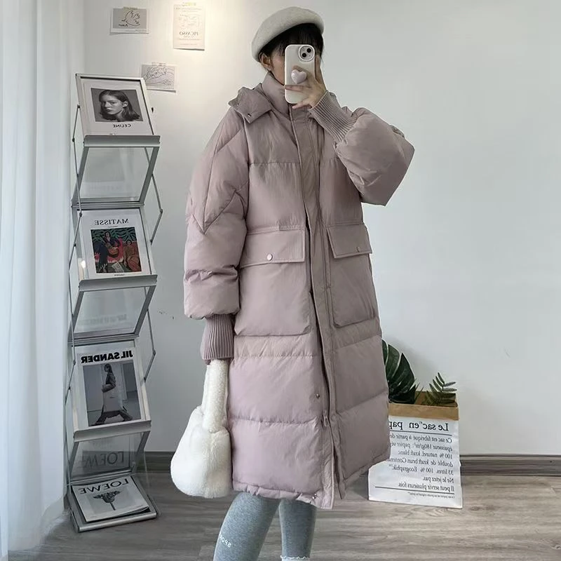 韩版花苞帽羽绒服女中长款新款加厚连帽大口袋螺纹袖保暖过膝外套
