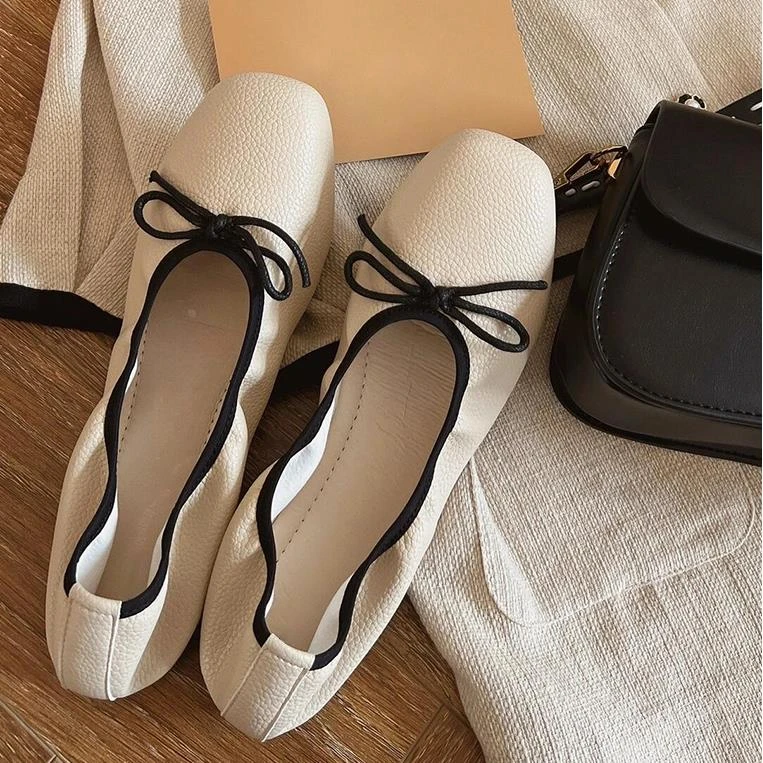 【澳门专柜正品】超软羊皮白色玛丽珍鞋2024年新款方头蝴蝶结芭蕾鞋