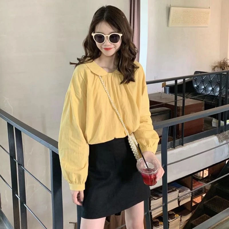 长袖衬衫女宽松2025秋装新款韩版复古衬衣娃娃领设计感百搭上衣