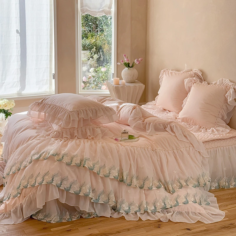皇后娘娘仙女公主风韩版蕾丝花边长绒棉四件套轻奢纯棉被套床盖款