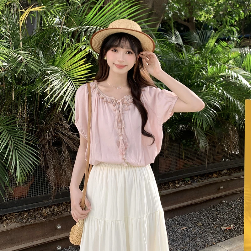 慕兔法式风铃系带设计粉色衬衫女2025年夏季新款松弛感温柔风小衫