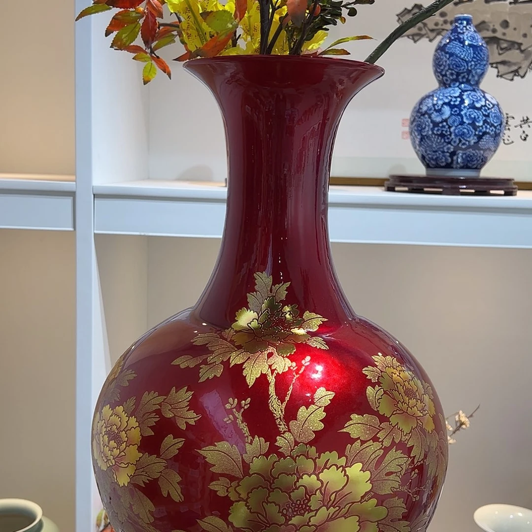 黄***瑛陶摆件56cm金沙牡丹赏瓶