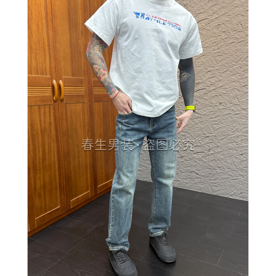 2025秋冬新款时尚休闲百搭刺绣怀旧色男士直筒宽松牛仔裤2002
