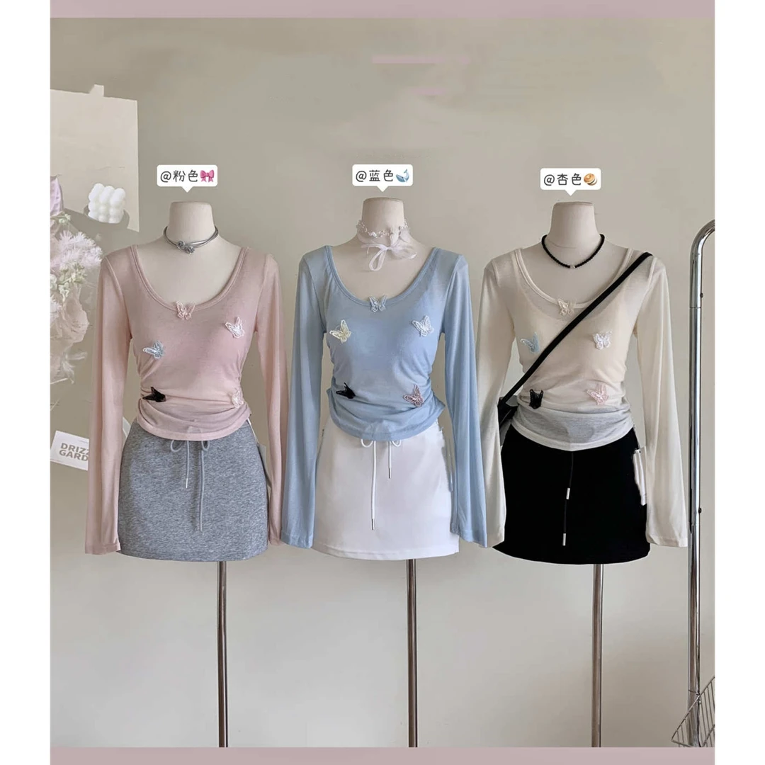 诗丽娅 甜辣妹小上衣蝴蝶粉色透视罩衫吊带两件套5688