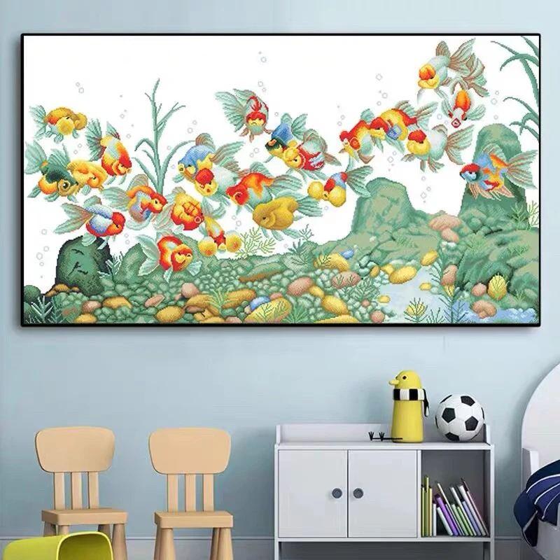 1.2中纯手工绣好十字绣成品10702白色布多彩金鱼客厅挂画