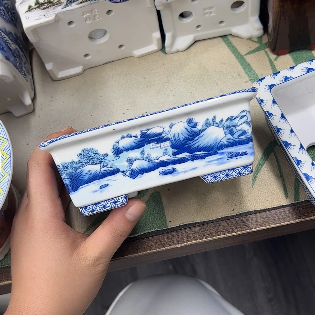 花盆紫砂171号瑕疵15/12/5cm仿手绘青花山水长方